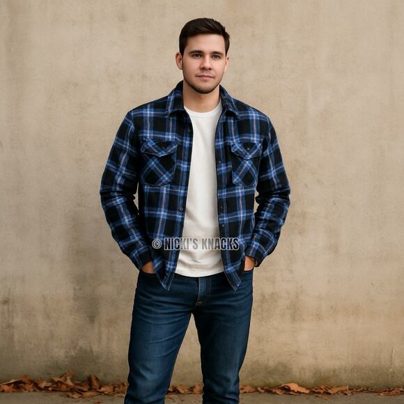 Warm Sherpa Lined Plaid Flannel Shacket Jacket Blue Jachs New York Men's Size M - Picture 1 of 10